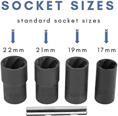 Shankly Twist Socket Set (5 Piece) Includes 1/2” Inch Lug Nut Remover With a 17mm, 19mm, 21mm, 22mm Socket Sizes Professional-Grade Lug Nut Extractor or Wheel Lock Removal Kit