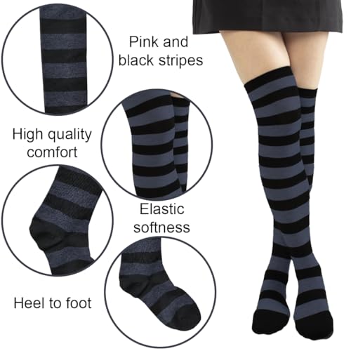 COYUN 1 Paar Unisex Kniestrümpfe, Kniestrümpfe mit Streifen, Socks Lange Sportsocken Volleyballsocken, Oberschenkelhohe Socken, Overknee Strümpfe, für Damen, Party, Kostüm, Halloween, Schwarz und Grau