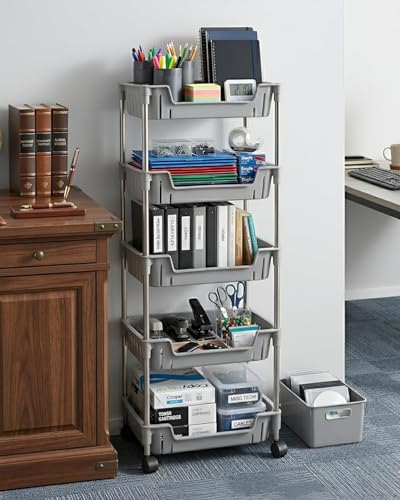 Image of JD FRESH 5-Tier Multi Storage Rack for Home & Kitchen /360-Degree Rotating Wheels with Breathable Kitchen Shelf Storage Rack /Plastic Rolling Cart for Kitchen, Bathroom, Office & Living Room (Grey)