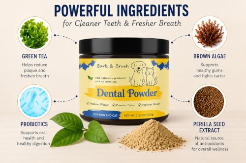 Bark & Brush Dental Powder for Dogs and Cats – Triple-Action Formula – Advanced Tartar & Plaque Remover – Natural Dog Breath Freshener Dog Toothpaste Topper (New Packaging) — view 3