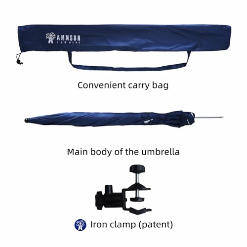 Image of AMMSUN XL Chair Umbrella with Universal Clamp Adjustable 47 inches and 360-degree Swivel UPF 50+, Portable Clamp on Camping or Beach Chair, Stroller, Wheelchair, Golf cart, Navy Blue, 2 PACK