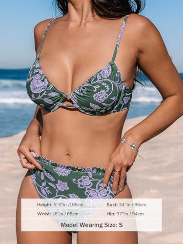 Image of CUPSHE Women Swimsuit Bikini Set High Waisted Two Piece Bathing Suit | Soft Removable Cups, Triangle Top, High Waist, Adjustable Spaghetti Straps, Cut Out, Swimwear For Vacation And Beach