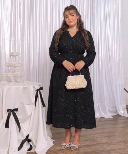 Image of TIYOMI Womens Plus Size Dresses Fall Long Sleeve Maxi Dresses V Neck Floral Spring Party Dress with Pockets XL-5XL (14W-28W)