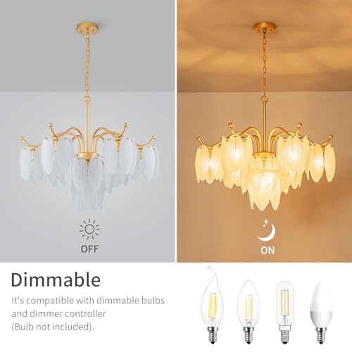 LumFurn XX-Large D29in Glass Chandelier, 7-Light Modern Light Fixture for Dining Room, Living Room, D29xH27~72inch Adjustable Height, Glass Feather Shade & Brass Finish by LumFurn - Used condition - Image 2
