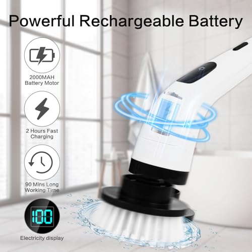Image of Electric Spin Mop Scrubber for Bathroom Cleaning Brush Tool, Cordless Shower Scrubber with Long Handle &,Powerful Motor,6 Heads Replacement, Cleaning Supplies for Tub Shower Tile Floor Toilet