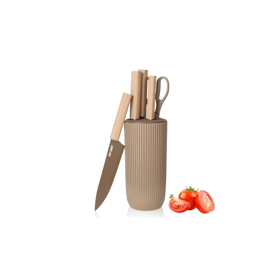 Knife Set, 6-Piece Coffee Kitchen Knife Set with Universal Knife Block, Super Sharp Knife Set with Ergonomical Handle, Non-stick Anti-Rust Stainless Steel Professional Knife Block Set