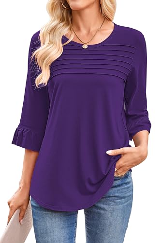 Halife Womens 3/4 Length Ruffle Bell Sleeve Pleated Flowy Dressy Casual Tops Blouses