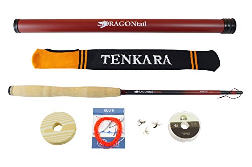 DRAGONtail Tenkara Komodo Zoom 10.5' 9' Tenkara Fly Rod Plus Complete Package: Flies, Leader, Tippet, Line Holder, Storage Tube, Rod Sock