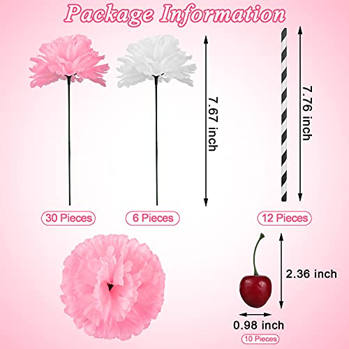 58 Pieces 50'S Decorations, Artificial Silk Carnation Picks Set Include 36 White Pink Carnations Flowers And 10 Lifelike Cherries With 12 Paper Straws For Diy Rock N Roll 1950'S Soda Shop Party Decor #TOP1