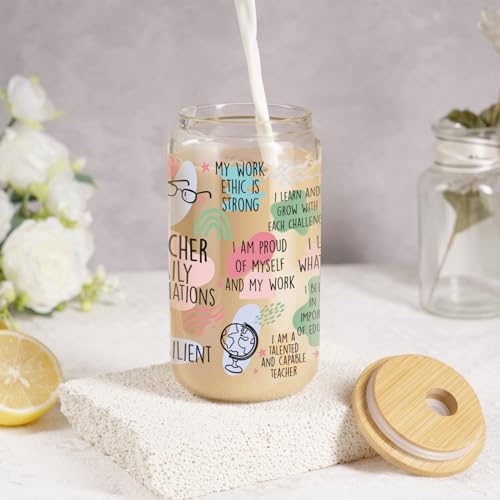 LEADO Affirmations Cup, 16 oz Iced Coffee Glass Tumbler - Teacher Appreciation Gifts - Funny Mothers Day, Birthday, Thank You Gifts for Teachers, Mentors - Daily Affirmations Cup for Women, Men - Image 5