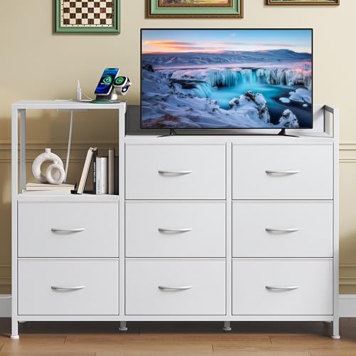 Image of NEWBULIG Dresser TV Stand with 8 Fabric Drawers and 1 Shelf, Wooden Top TV Media Console Table for Up to 45 inch, Entertainment Center with Charging Station for Living Room Bedroom, White