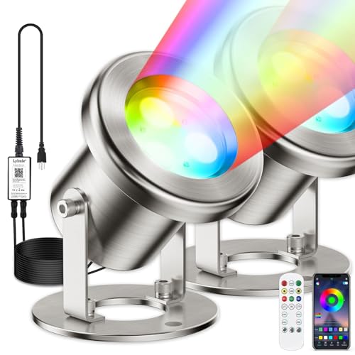 LyLmLe LED Pond Lights with APP Control, 6W SS316 Stainless Steel RGB Underwater Fountain Light with 12V Transformer, IP68 Waterproof Outdoor Underwater Lights for Pond Waterfall, Black Wire(2-Spots)