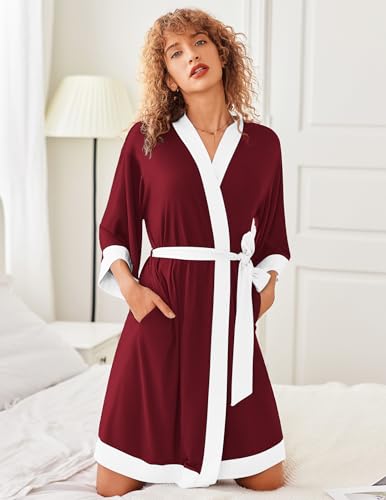 Image of Ekouaer Robes for Women Knee Length Bathrobe Lightweight Kimono Robe 3 /4 Sleeve Knit Sleepwear with Pockets