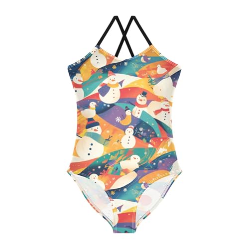 Black White Christmas Snowman Kids Girls 1 Piece Bathing Suit Summer Swimming Suits Adjustable Strap Cute