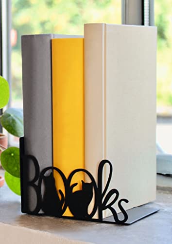 moses Metal Bookend, Black, libri_x Decorative Bookend Books, Modern Design with Cut-Out Lettering and Cats - Image 3