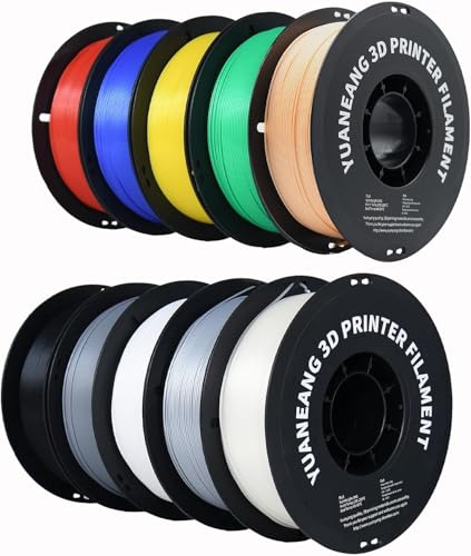 YUANEANG PLA 3D-Druckerfilament, 10 Rollen, Maßgenauigkeit +/- 0,02 mm, 1-kg-Spule (2,2 lbs), 1,75 mm, 10 kg, zehn Farben: Schwarz, Weiß, Grau, Rot, Blau, Grün, Orange, Transparent, Silber, Gelb YUANEANG PLA 3D-Druckerfilament, 10 Rollen, Maßgenauigkeit +/- 0,02 mm, 1-kg-Spule (2,2 lbs), 1,75 mm, 10 kg, zehn Farben: Schwarz, Weiß, Grau, Rot, Blau, Grün, Orange, Transparent, Silber, Gelb