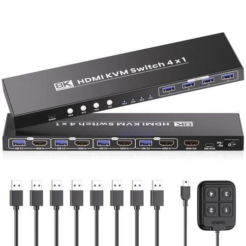 HDMI KVM Switch 1 Monitors 4 Computers, 8K@60Hz 4K@120Hz USB 3.0 4 Port HDMI KVM Switch for 4 PCs Share 1 Set of Keyboard, Mouse and Monitor