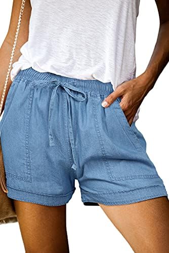 ONLYSHE Womens Ladies Summer Casual Fashion Frayed Raw Hem Tencel Drawstring Elastic Waist Denim Jean Shorts with Pockets Blue-L