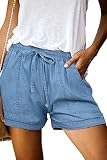 ONLYSHE Womens Ladies Summer Casual Fashion Frayed Raw Hem Tencel Drawstring Elastic Waist Denim Jea