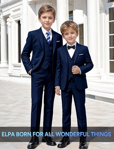 Image of Boys Navy Blue Suit 5 Pieces Slim Fit Kids Formal Tuxedo Suit Set for Wedding Ring Bearer, Easter, First Communion, Confirmation, Graduation Little Boys Size 4