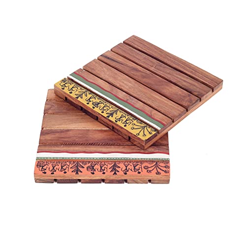 Image of AAKRITI ART CREATIONS Rustic Square Wooden Trivets | Floral Art | Brown Rosewood Trivets Set of 2 | Matte Finish Heat Resistant Coasters | for Dining Table & Kitchen