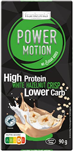 frankonia CHOCOLAT POWER MOTION no sugar added - High Protein Lower Carb White Hazelnut Crisp Chocolate, 90 g Cover