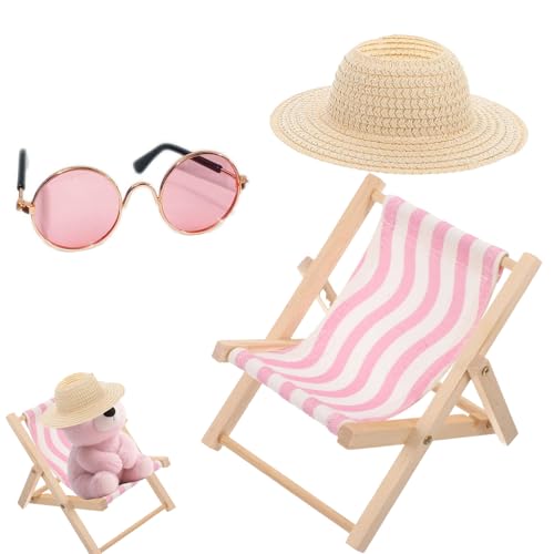 3 Stück Puppe Zubehör, Have a Seat, Puppe Kleidung, Rosa Gestreiftem Liegestuhl, Puppe Autositz, Beiger Strohhut und Pinker Brille, für Puppe Fans, Ideal Als Auto Deko und Geburtstagsgeschenk
