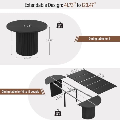 Image of weselon 42 inch-120 inch Extendable Dining Table for 4-14, Expandable Oval Dining Room Table with Fluted Pedestal Base & Reinforced Metal Support Leg, Extra Large Modern Kitchen Table (Black)