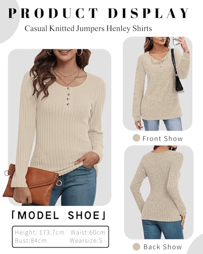 WNEEDU Camisas de Manga Larga Herbest Camisas Henley para Mujer Jersey Slim 2024 con Botones Albaricoque L