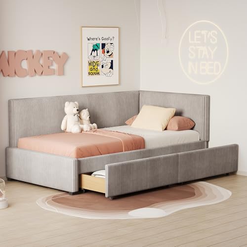 boorbin Cama tapizada sofá cama 90 x 200 cama multifunción con 2 cajones grandes de almacenamiento y somier, tela aterciopelada agradable para la piel (gris)