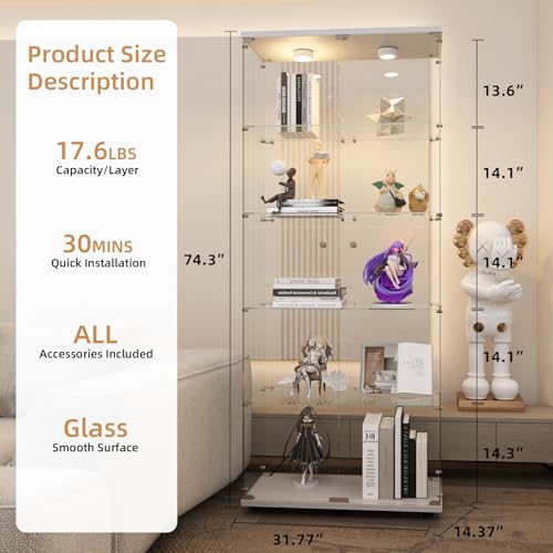Image of Beauty4U Glass Display Cabinet with LED, 5-Shelf White Curio Cabinet