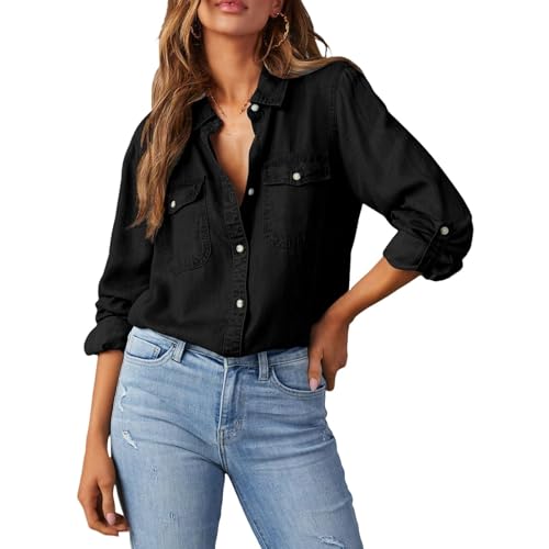 Womens Denim Shirts Long Sleeve Oversized T Shirt Jean Jacket Button Down Blouse V Neck Casual Tops Fall Outfit