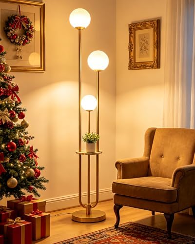 Lightdot 63IN Dimmable Gold Floor Lamp with Shelf Mid Century Standing Lamps with 3000K Bulbs Included Modern Globe Floor Lamp with 5Lbs Heavy Base for Living Room/Party/Sofa Beside/Corner Decor
