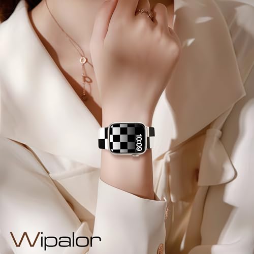 Image of wipalor Checkered Bands for Apple Watch Bands for Women 46mm 45mm 44mm 42mm 49mm, Cute Sport Checkered iWatch Bands Soft Silicone iPhone Watch Bands Series 11 10 9 SE 8 7 6 5 4 3 Ultra-Black /White