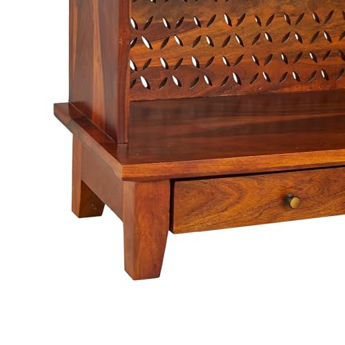 Image of Sheesham Wood Temple for Home | Pooja Mandir for Puja Room with 2 Drawer Storage & Shelf | Pooja Mandap Wood Religious Home Temple Honey Finish