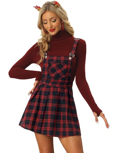 Allegra K Damen Karo Verstellbarer Riemen Trägerkleid Overallkleid Strapsrock, rot/schwarz, Mittel