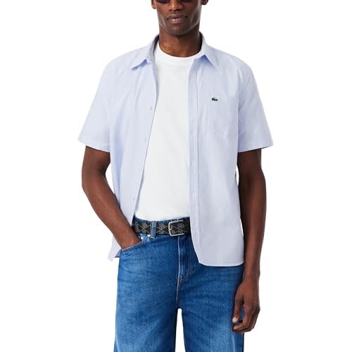 Lacoste Men's Regular Fit Short Sleeved Oxford Shirt, Overview/White, Large