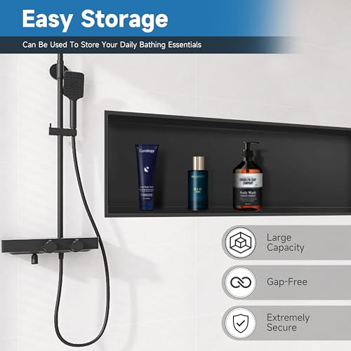 BATHFINESSE Shower Niche Insert Tile Ready, Bathroom Livingroom Wall Niche, Long Shower Niche 37\" X 13\", Black, No Tile Needed Over Mount Installation