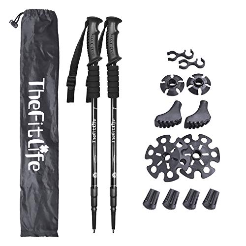 TheFitLife トレッキングポール 2本セット コンパクト65cm 5色選択可能 アルミニウム合金 超軽量 三段式伸縮シャフト GS安全規格認証済み 日本人向け 男性用 女性用 ウォーキングポール 歩行 登山用品 付属品・日本語説明書付 (ブラック)