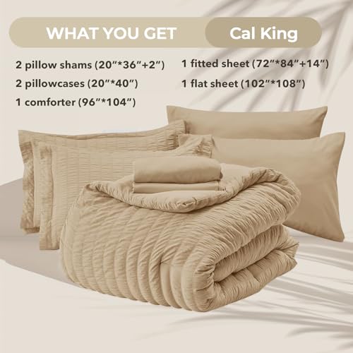 Image of HYMOKEGE Khaki California King Comforter Set Seersucker 7 Pieces, All Season Luxury Bed in a Bag for Bedroom, Bedding Set with Comforter, Sheets, Pillowcases & Shams
