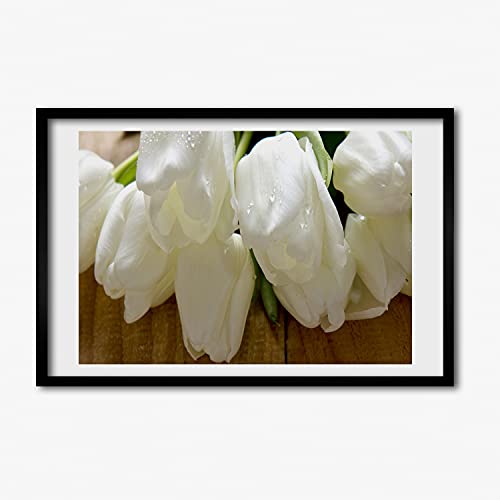 Tableau peinture decoratif tulipes blanches 60x40 cm avec cadre photo en bois rigide