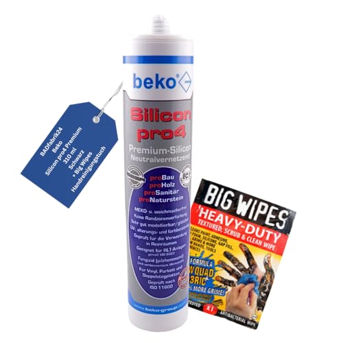 BADfabrik24 Beko Silicon pro4 Premium 310 ml + Big Wipes – Profi-Silikon für Bad, Küche & Bau – Schimmelresistent, haftstark, UV-beständig (Schwarz, 1)