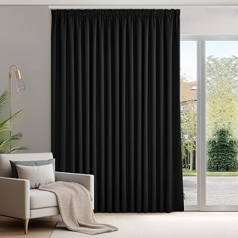 Deconovo Zasłony zaciemniające z izolacją termiczną, zasłony do salonu i sypialni, nowoczesny design taśma marszcząca, 300 x 245 cm (szerokość x wysokość), czarne, 1 szt