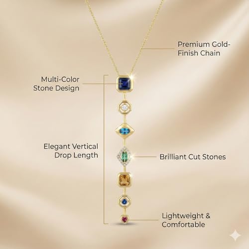 Image of Anti Tarnish Pendant Necklace for Women | 7 Stone Multi-Color Elegant Multiple Stone Chain for Women | Luxury Gold Plated Locket