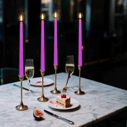 Image of Wondise Halloween Flameless Taper Candles with Remote & Timer, 4 Pack Purple Battery Operated LED Candles with 3D Wick Flickering for Halloween Decorations Gift