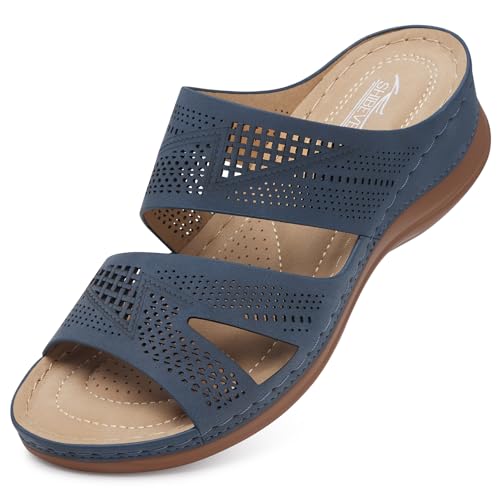 Image of SHIBEVER Wedge Sandals for Women Dressy: Comfortable Summer Casual Walking Sandals - Slip On Open Toe Low Wedge Shoes Size 5-11