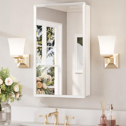 Keonjinn Small White Medicine Cabinet with Mirror 14"x24", Assembly Needed