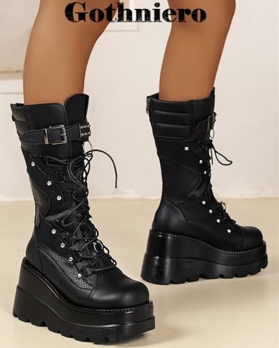 Image of Gothniero High Platform Knee Boots Chunky Heel Wedge Black Boots For Women Combat Goth Punk Motorcycle Booties Zip up With Metal Buckles Size5-11