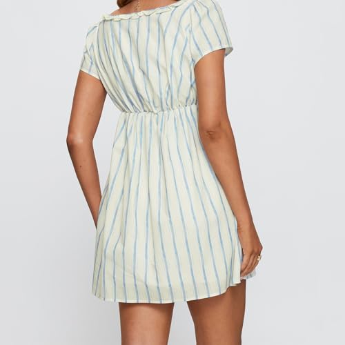 Image of Women Y2k Puff Sleeve Babydoll Dresses Square Neck Tie Back Mini Dress Summer Solid Off Shoulder Flowy Sundress