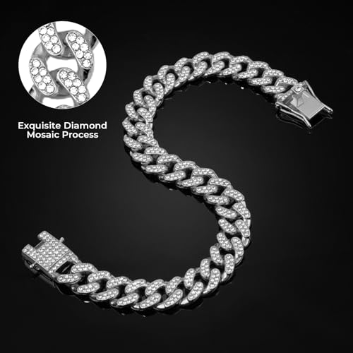 Image of Silver Dog Chain Diamond Collar Walking Metal Chain Collar with Secure Buckle, Pet Cuban Style Collar Jewelry Accessories for Small Medium Large Dogs, Available in Pet Gift (Silver, 12inch)